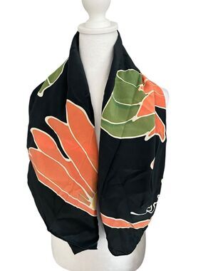 Vintage Silk Scarf Floral Black Orange Green Square 100% Silk Large Wrap